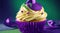 fat Tuesday, traditional dishes and sweets, purple cupcake decorated with cream and sequins