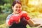 Fat woman boxing fighter with fat and diet concept