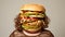 Fat woman with burger head. Concept of fast food, unhealthy eating, appetite, surreal art, and humor. Light backdrop.
