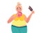 The fat woman eats donuts and ice cream. Junk food. Vector illustration of obesity