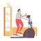 Fat woman on elliptical trainer doing cardio exercises at home. Weight loss. Healthy lifestyle. Vector illustration in hand drawn