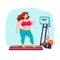 Fat woman fatness to loss weight, overweight cartoon style at gym
