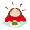 Fat woman with hamburger, trying to decide whether to eat it or not