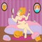 Fat woman making up in a lila room, vector illustration
