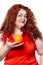 The fat woman with orange juice vegetable fruit holding isolated