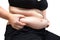 Fat woman squeeze belly fat wearing black underwear bra and pant overweight concept