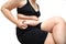 Fat woman squeeze belly obese wearing black underwear bra and pa