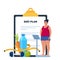 Fat woman standing on weigh scales. Diet plan checklist. Healthy food and sports. Vector illustration