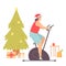 Fat woman on a stationary bike doing cardio exercise at home. Interior with a Christmas tree. Weight loss. Healthy lifestyle.