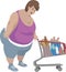 A fat woman in a supermarket carries a cart full of groceries. cartoon