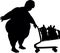 A fat woman in a supermarket carries a cart full of groceries. Silhouette Silhouette. Ð¡artoon