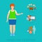 Fat woman unhealthy lifestyle vector infographic: diet, sport