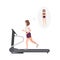 Fat woman wearing fitness apparel running on treadmill. Female cartoon character performing cardio training on exercise