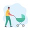 Father with baby on a walk. Young man with a green baby stroller. People icon