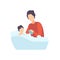 Father Bathing Baby in Bathtub, Parent Taking Care of His Child Vector Illustration