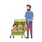 Father beard baby sister brother twins double stroller full length avatar on white background, successful family concept