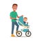 Father carries child in a baby carriage. Color flat vector