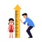 Father check daughter height by ruler meter, flat vector illustration isolated.