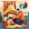 Father and child building a fort: A cozy and imaginative illustration of a father and child building a magical fort out of