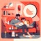 Father and child napping: A comical illustration of a tired father snoozing on a couch while his child tries to wake him up with a