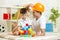 Father and child play construction game together