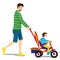 Father and child on a tricycle.