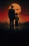 Father and child walking away. Red dark dusk sky. Noir vintage retro movie poster style.