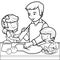 Father and children cooking pizza in the kitchen. Vector black and white coloring page.