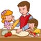 Father and children cooking pizza in the kitchen. Vector illustration