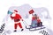 Father Christmas with megaphone announces new year discounts and seasonal sales. Santa claus carrying sled with presents