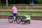 A father is cycling home with his kids on child trailer