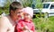 Father and daughter enjoying a spring picnic