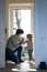 Father and daughter in medical masks