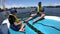 Father and daughter sailing together on catamaran boat