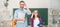 Father and daughter at school, teacher and pupil banner. happy father and child study at school with book and laptop on