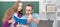 Father and daughter at school, teacher and pupil banner. private teacher and child hold copybook. family help. dad and