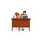 Father and daughter sitting and doing homework together vector illustration