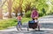 Father and daughters having a ride with cargo bike