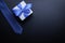 Father day gift. White box with bow ribbon, blue bowtie or tie on dark background. Concept of Fathers Day greeting card