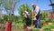 The father is digging a hole with a shovel, the son is holding a tree sapling.