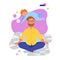 Father doing yoga and meditating visiting in a lotus pose with a cute naughty baby on his head. Illustration in vector