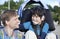 Father enjoying beach with disabled son