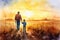 Father farmer with son in front of a sunset agricultural landscape, Man and a boy standing on a farm road . Fatherhood concept.