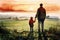 Father farmer with son in front of a sunset agricultural landscape, Man and a boy standing on a farm road . Fatherhood concept.