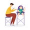 Father feeds his child in a baby chair, flat vector illustration isolated.