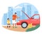 Father fixing broken car with son holding toolbox, flat vector illustration. Parent child relationship, happy parenting.