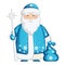 Father Frost in a blue fur coat with snowflakes. In hands he holds a staff with a star and a bag of gifts.