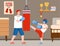 Father giving his child lesson of box fight, flat cartoon vector illustration.