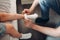 Father helping daughter dressing uniform and socks preparation back to school