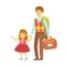 Father with her daughter going to travel. Colorful cartoon character